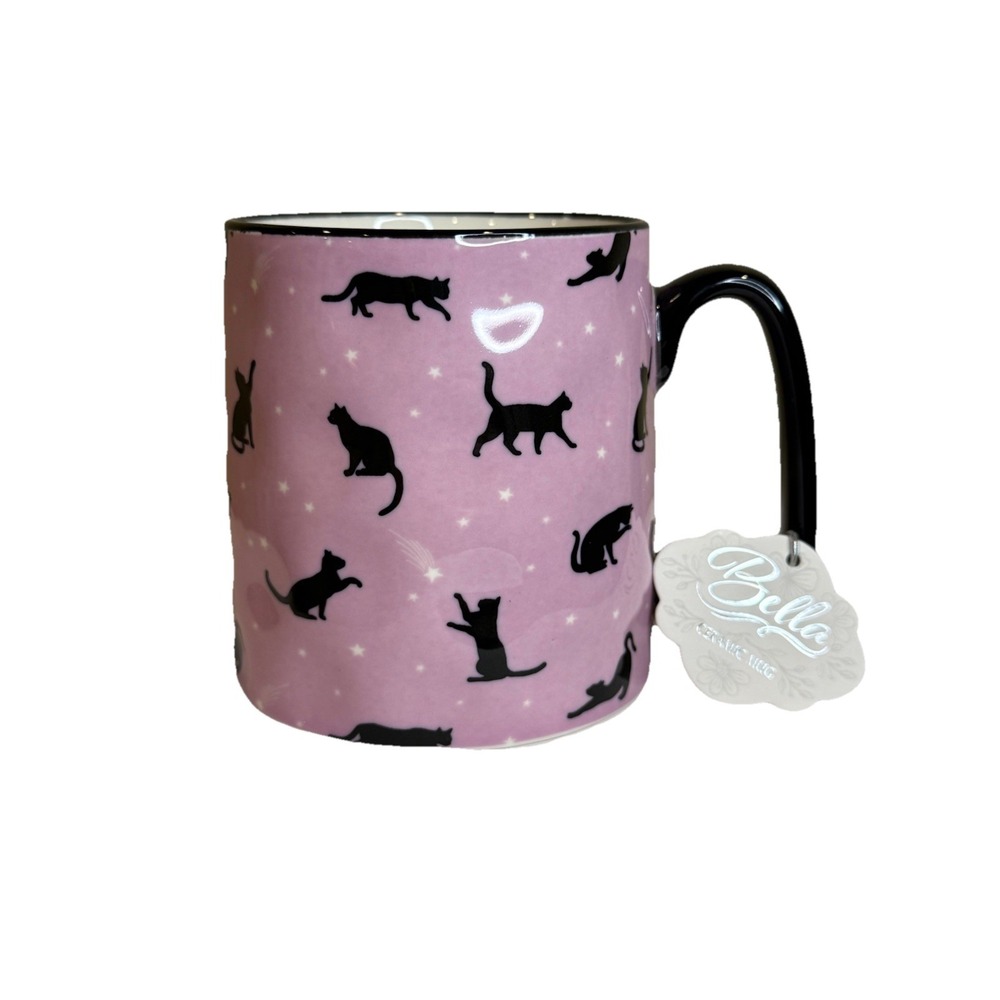 STRAWBERRY STREET BELLA Mug COFFEE OR TEA CATS PURPLE BLACK NWT